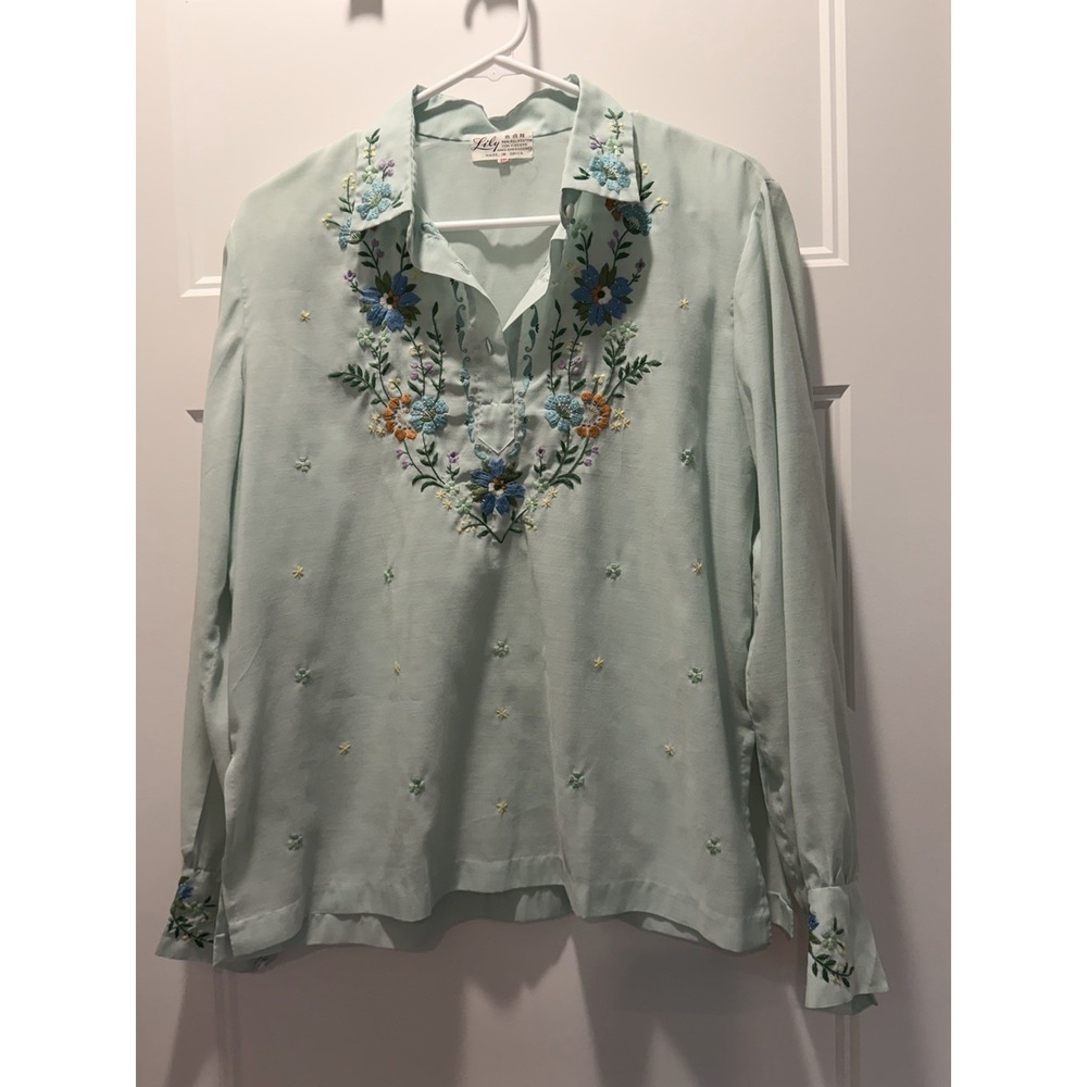 Vintage Lily 40 Mint Floral Hand Embroidered Boho Long Sleeve Shirt Medium